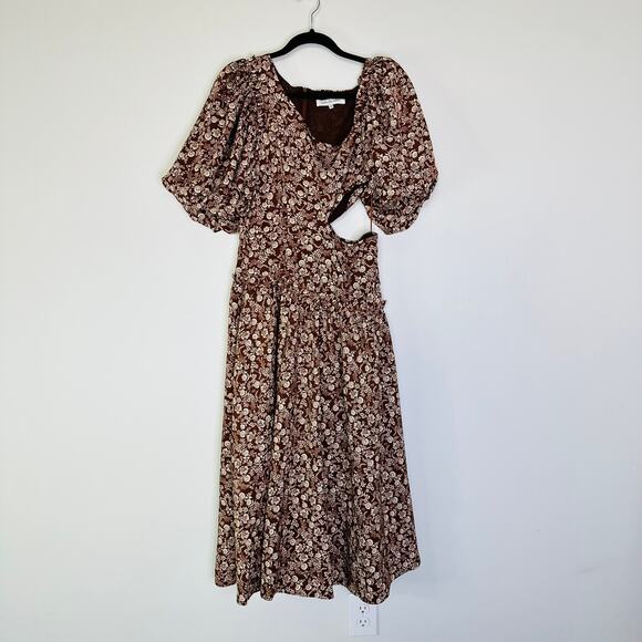 Sophie The Label Cut Out Puff Sleeve Brown floral midi dress - Picture 2 of 9